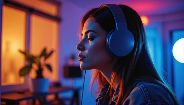Young Woman With Headphones - Neon Lighting Profile Portrait for Relaxation, Ambient Music, and Modern Lifestyle Content