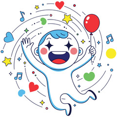 Joyful Clown with Balloon Surrounded by Hearts Stars and Music Notes Celebrating Happiness Vector