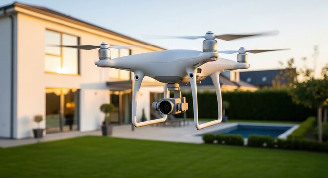 White quadcopter drone flying in front of a modern luxury house with pool at sunset - Powered by Adobe