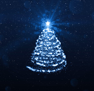 Cristmas Star and Christmas Tree in the Snow Glittering in Night