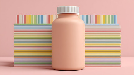 Peach bottle with white cap against pastel striped background container