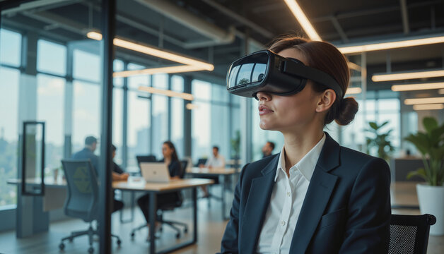 Businesswoman Using Virtual Reality Headset in Modern Office - Corporate Technology Innovation for Digital Presentations and Immersive Training