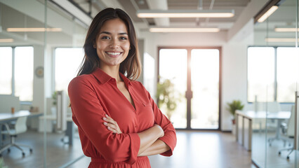 Confident Professional Woman in Red - Modern Office Portrait with Natural Lighting for Corporate Branding, Leadership Concepts, and Business Marketing