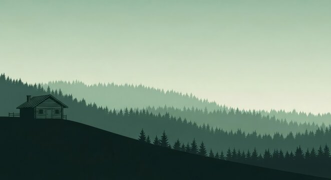 Misty Forest Landscape with Rustic Log Cabin