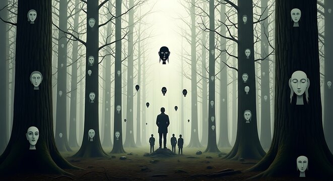 A solitary figure in a surreal forest of floating faces.