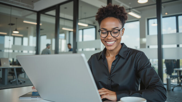 Professional Woman Working on Laptop – Smiling African American Businesswoman in Modern Office Environment for Corporate Success, Career Development, and Workplace Productivity
