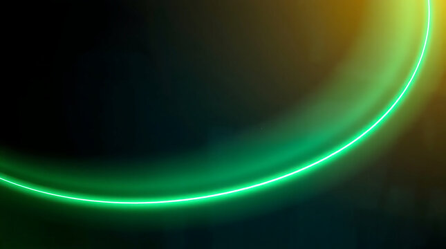 Abstract glowing green neon ring on dark background with yellow light