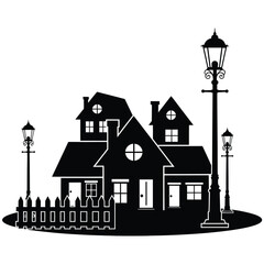 Christmas Black Silhouette of a Village Scene with Houses Fence and Street Lamps on White Background town homes