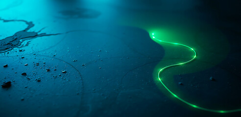 Abstract glowing green light trail on dark blue water surface with reflections