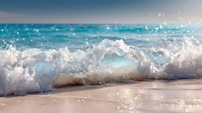 Gentle ocean wave with white foam crashing on a sparkling sandy beach.