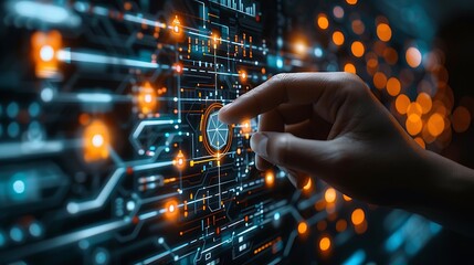 Hand interacting with a complex digital interface with glowing lights