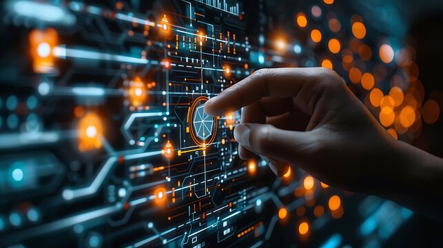 Hand interacting with a complex digital interface with glowing lights