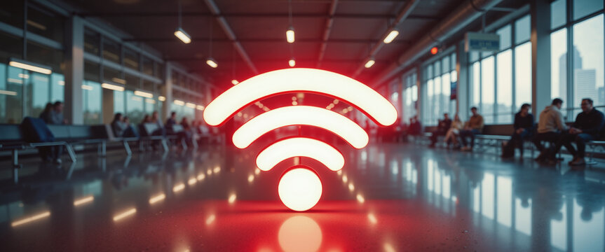 Glowing Red Wi-Fi Symbol on Airport Floor - Illuminated Connectivity Icon with Reflective Surface for Technology Presentations, Travel Industry, and Digital Communication Concepts