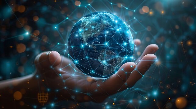 Human hand holding glowing digital sphere with interconnected nodes and particles