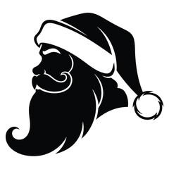 Black Silhouette Profile of Santa Claus Head with Hat and Beard Keywords: Santa Claus, silhouette, profile, head, beard, mustache, hat, Christmas, holiday, winter