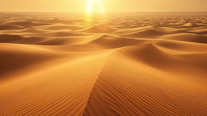 A vast desert landscape with golden sand dunes stretching to the horizon under a bright, setting sun, casting long shadows and highlighting the rippled textures. - Powered by Adobe