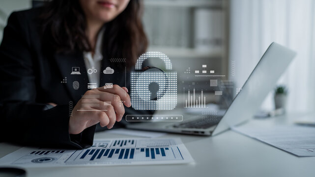 Cybersecurity protection system showing password encryption, fingerprint ID, cloud security, email, credit card, and database lock for secure data access Latch