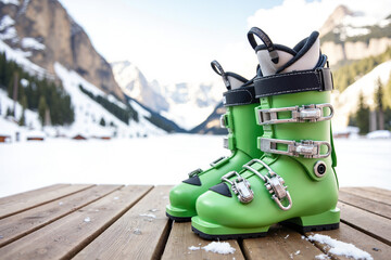 Naklejka premium Vibrant Ski Boots – Bright Green Alpine Equipment for Winter Sports Blogs, Skiing Magazines, and Outdoor Adventure Presentations
