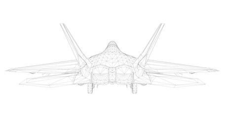 A 3D wireframe model of a sleek combat fighter jet, featuring detailed wings, tail, and cockpit on a stark white background.