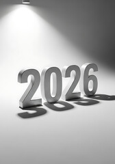 Silver metallic numbers 2026 casting a shadow on a white surface under a spotlight.