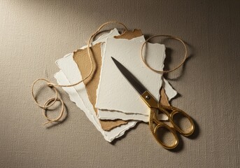 Artisanal Paper and Golden Scissors on Textured Fabric