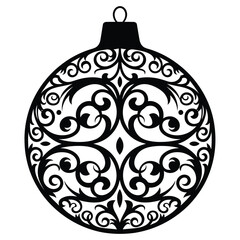 Intricate black filigree silhouette of a round Christmas ornament on a white background decorative