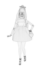 A deluxe 3D doll model in a stylish dress, holding a handbag, presented in a clean wireframe view against a plain white background.