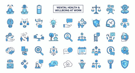 Collection of mental health and wellbeing at work icons in blue outline style on a white background