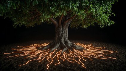 Tree with Glowing Circuit Roots in Soil