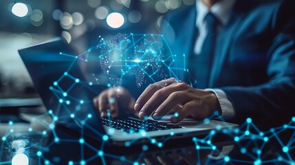 Businessman using laptop with glowing digital network overlay
