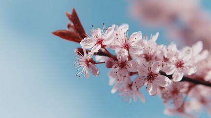 Branch of pink flowers with a blue sky in the background
