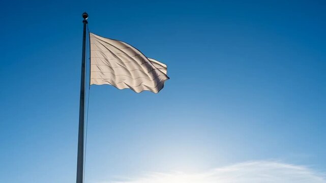 White flag waving gently against a clear blue sky, symbolizing surrender, peace, or truce, ideal for editorial use or conveying a message of hope