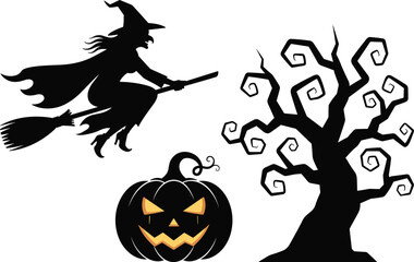 Obraz premium Set of Spooky Halloween Elements Including Witch Flying on Broomstick Jack-O'-Lantern Pumpkin and Creepy Twisted Dead Tree Silhouette Vector Illustration Isolated