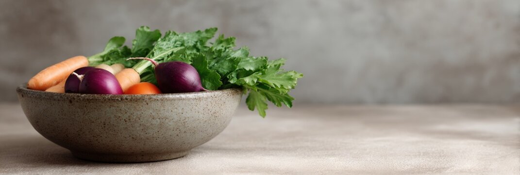 Bowl of vegetables including carrots and radishes - Powered by Adobe