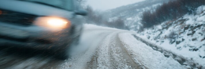 Blurry image of a car driving down a snowy road