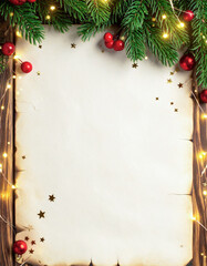 Diseño plantilla libre para escribir la carta a reyes Magos y Papá Noel, por navidad con marco de decoracion navideña y luces. Tambien para menu de navidad y fin de año