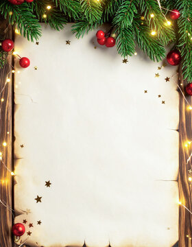 Dise&ntilde;o plantilla libre para escribir la carta a reyes Magos y Pap&aacute; Noel, por navidad con marco de decoracion navide&ntilde;a y luces. Tambien para menu de navidad y fin de a&ntilde;o