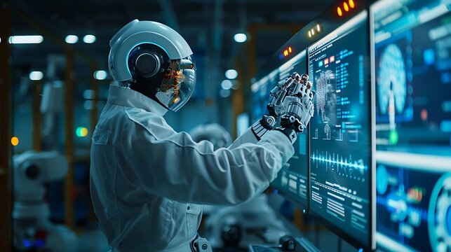 Scientist in protective suit interacts with futuristic holographic display in laboratory