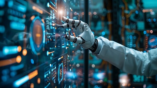 Robotic hand interacting with glowing digital data streams and abstract technology