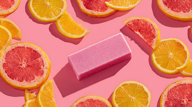 Pink pumice stone with sliced citrus fruits on bright pink sliced grapefruit sliced orange