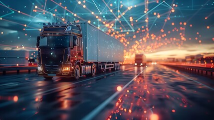 Futuristic truck on highway with digital network overlay at dusk
