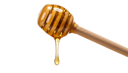 Golden honey dripping from a wooden dipper, a sweet and natural treat that's perfect for breakfast, baking or a healthy snack, a delightful culinary experience.