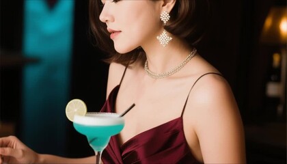 Woman in cocktail dress holding blue drink looking thoughtful in bar  