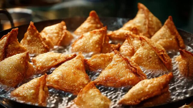 Golden Brown Samosas Fry in Bubbling Hot Oil in a Wok Medium Shot Shallow Depth of Field