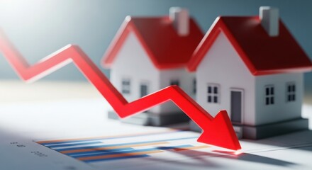 Housing market downturn with red arrow symbolizing real estate decline on financial graph.