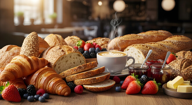 Abundant Breakfast Table with Freshly Baked Artisan Breads, Golden Croissants, Vibrant Berries, Steaming Coffee, and Sweet Jams for a Delicious Start
