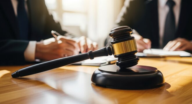 Gavel on a wooden desk with lawyers consulting and signing documents in office - Powered by Adobe