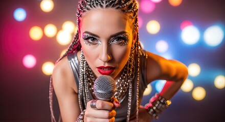 Young woman with braided hair holds a microphone, showcasing vibrant stage presence against a colorful bokeh background, embodying confidence and musical passion in performance