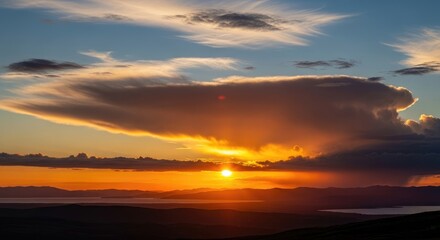 Dramatic Golden Hour Sunset Over Mountain Lake Landscape with Expansive Cloudscape