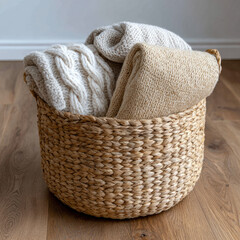 Obraz premium Wicker basket with cozy blankets in a minimalist setting.
